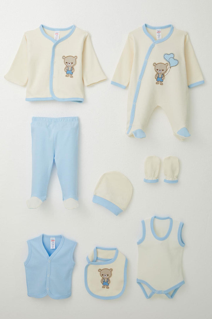 طقم ملابس مستشفى BRE Breeze Baby Boy 8 قطع مع تطريز دب لطيف 0-3 أشهر، كريمي - بوردينوني
