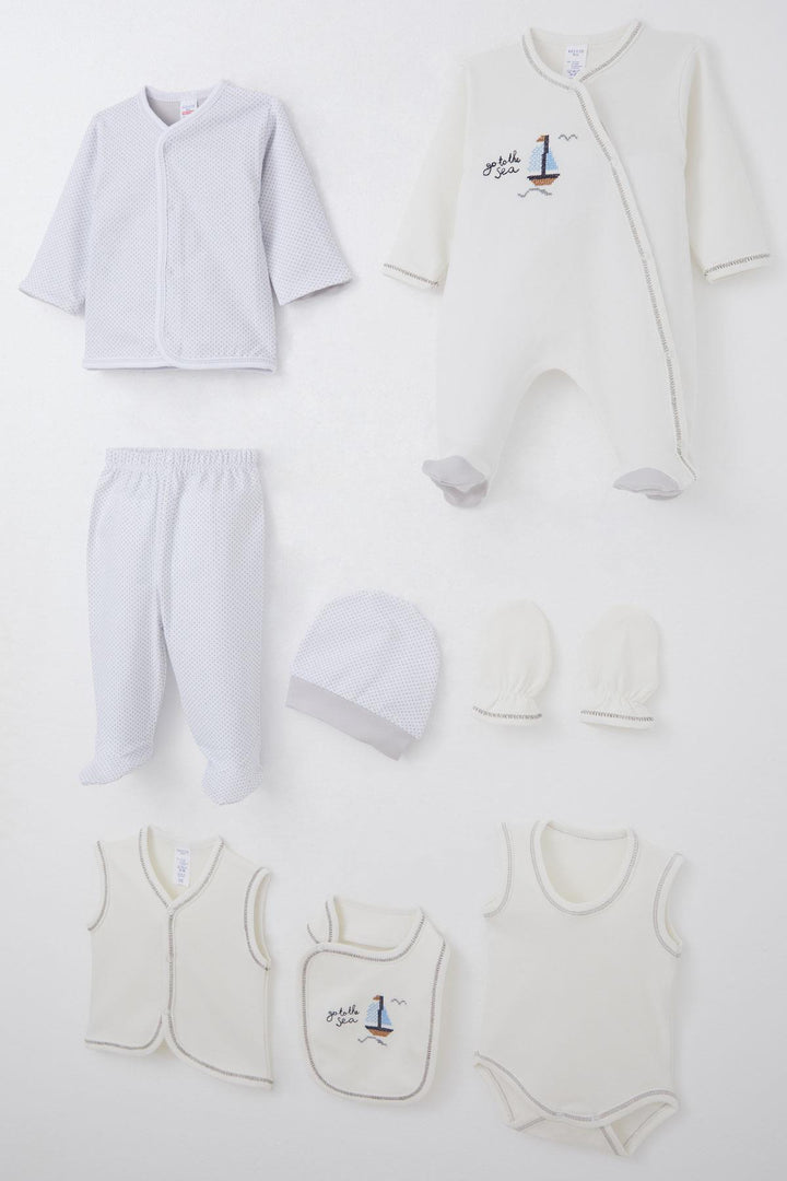 BRE Breeze Baby Boy Hospital Outfit 8 Piece Sailboat Cross-Stitch Embroidered 0-3 Months, Ecru - Thornton Heath