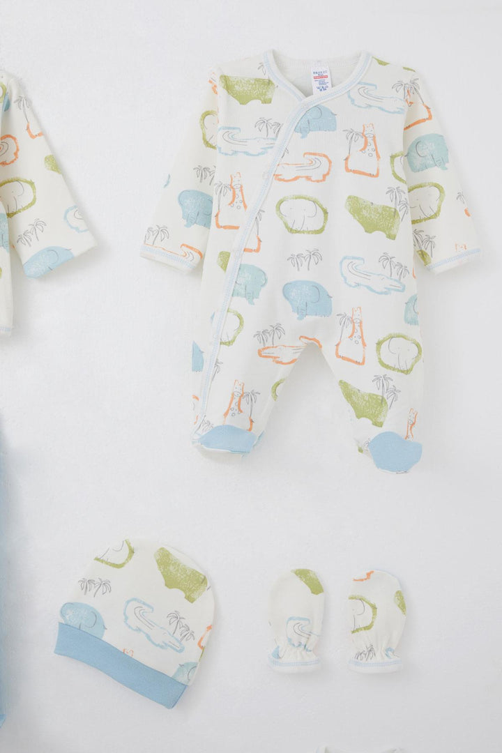 BRE Breeze Baby Boy Hospital Outfit 8 Piece Safari Themed Cute Animals Patterned 0-3 Months, Ecru - El Paso de Robles