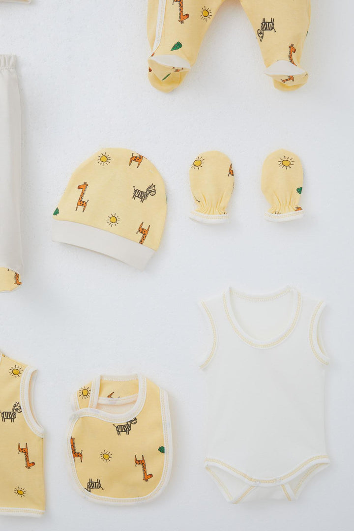 BRE Breeze Baby Boy Hospital Outfit 8 Piece Mini Safari Themed Animal Patterned 0-3 Months, Yellow - Wood Buffalo