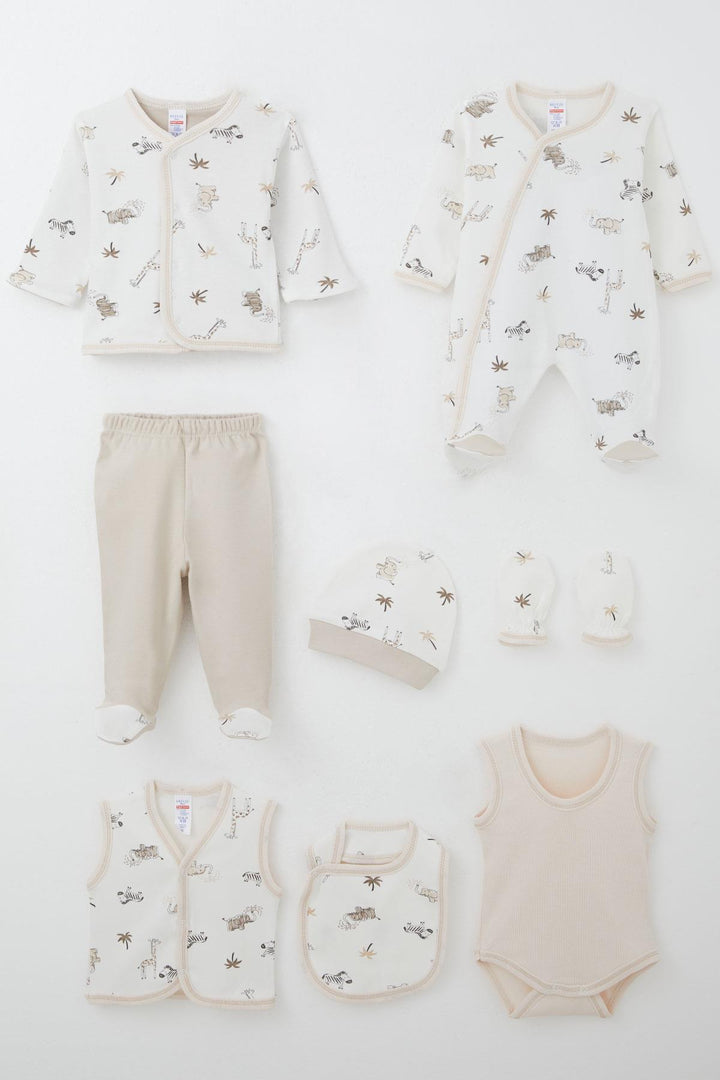 BRE Breeze Baby Boy Hospital Outfit 8 Pieces Palm Tree Patterned Cute Animals Design 0-3 Months, Ecru - Palm Coast