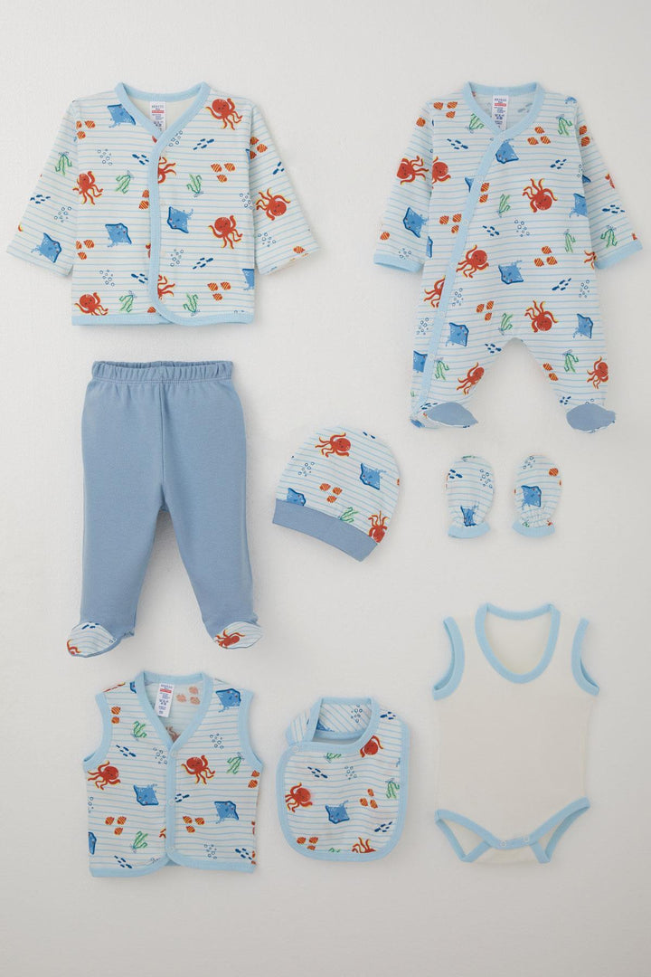 BRE Breeze Erkek Bebek Hastane Çıkışı 8 Li Sevimli Deniz Hayvanları Desenli 0-3 Ay, Beyaz - Arles