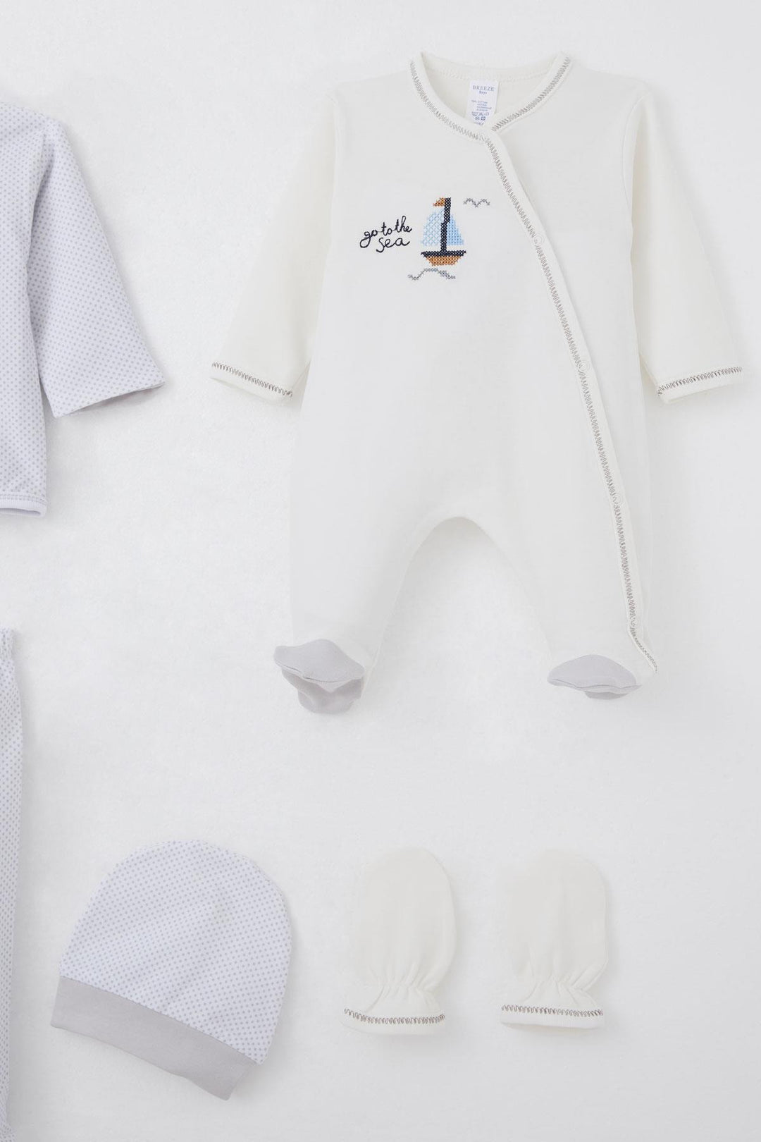 BRE Breeze Baby Boy Hospital Outfit 8 Piece Sailboat Cross-Stitch Embroidered 0-3 Months, Ecru - Thornton Heath