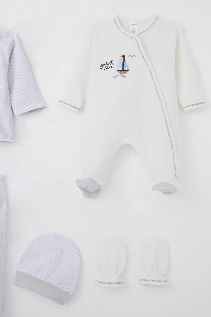 BRE Breeze Baby Boy Hospital Outfit 8 Piece Sailboat Cross-Stitch Embroidered 0-3 Months, Ecru - Thornton Heath
