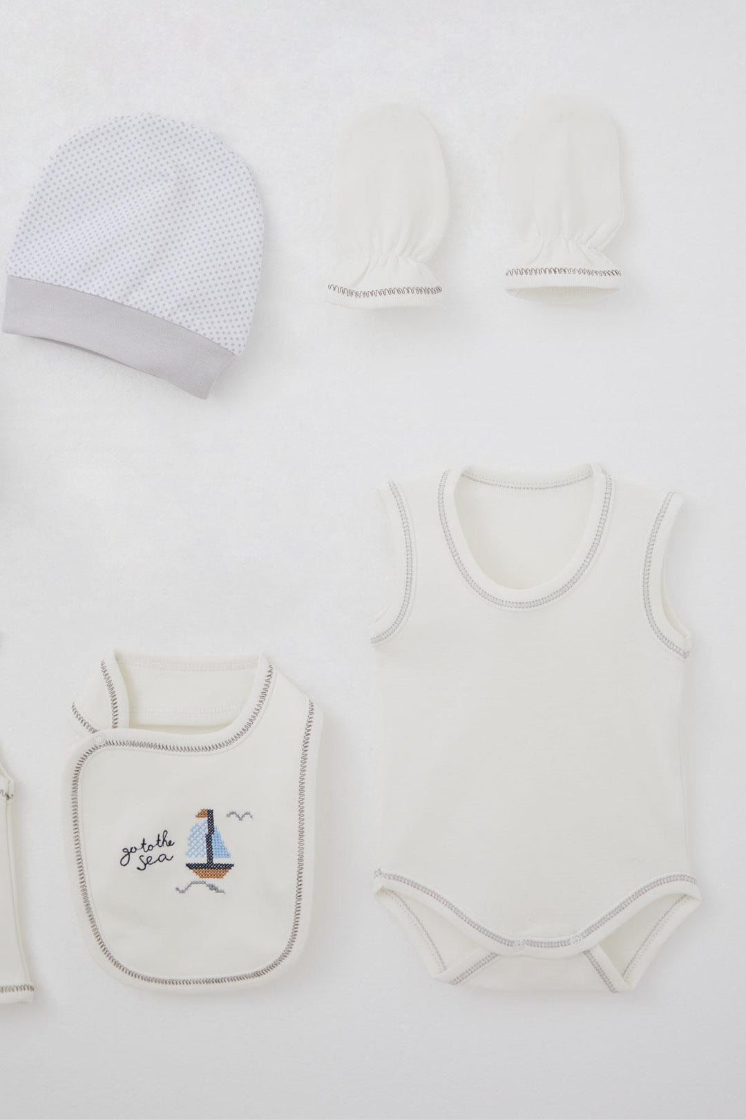 BRE Breeze Baby Boy Hospital Outfit 8 Piece Sailboat Cross-Stitch Embroidered 0-3 Months, Ecru - Thornton Heath