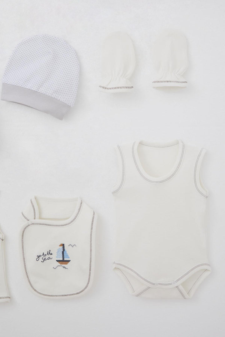 BRE Breeze Baby Boy Hospital Outfit 8 Piece Sailboat Cross-Stitch Embroidered 0-3 Months, Ecru - Thornton Heath