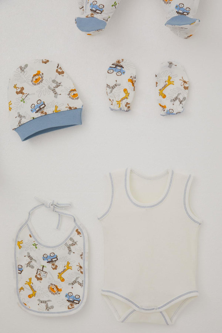 BRE Breeze Baby Boy Hospital Outfit 8 Piece Safari Adventure Cute Animals Patterned 0-3 Months, Ecru - San Diego