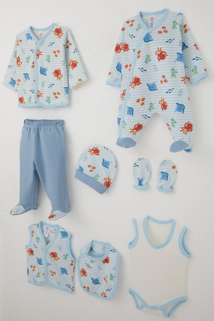 BRE Breeze Baby Boy Hospital Outfit 8 Pieces Cute Sea Animals Patterned 0-3 Months, White - Texarkana