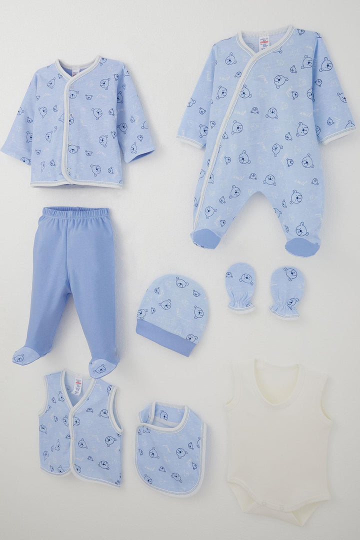 BRE Breeze Baby Boy Hospital Outfit 8-Piece with Cute Bear Figure Star Patterned 0-3 Months, Blue - Perth