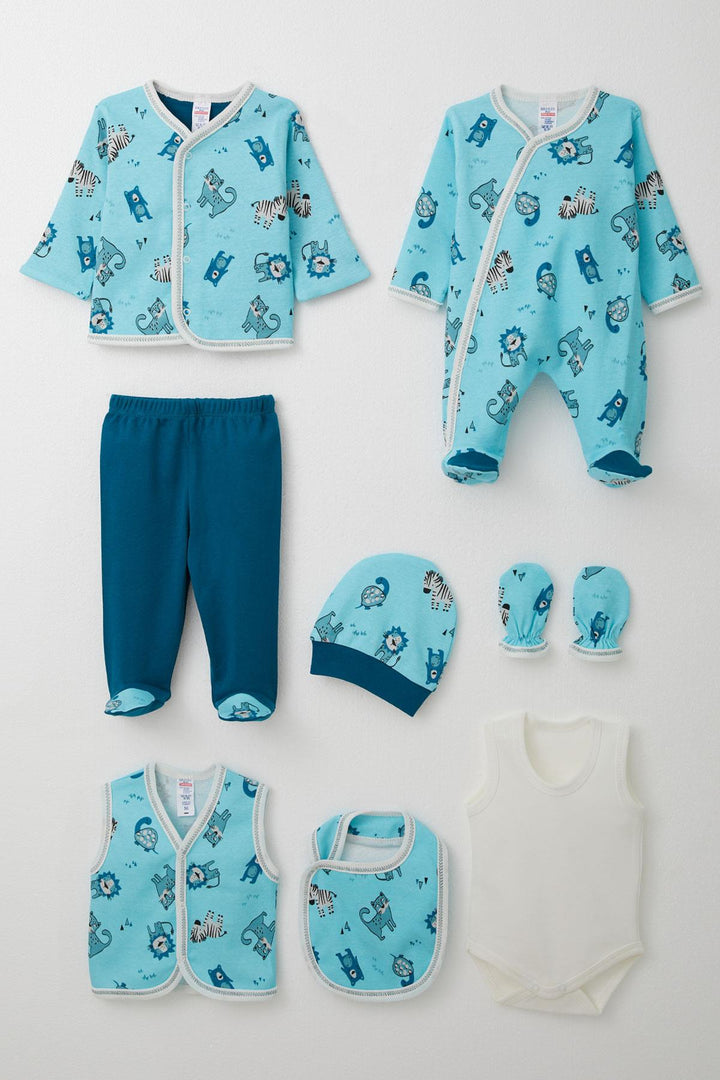 طقم ملابس مستشفى BRE Breeze Baby Boy 8 قطع حيوانات لطيفة منقوشة 0-3 أشهر، أزرق - كويرنافاكا