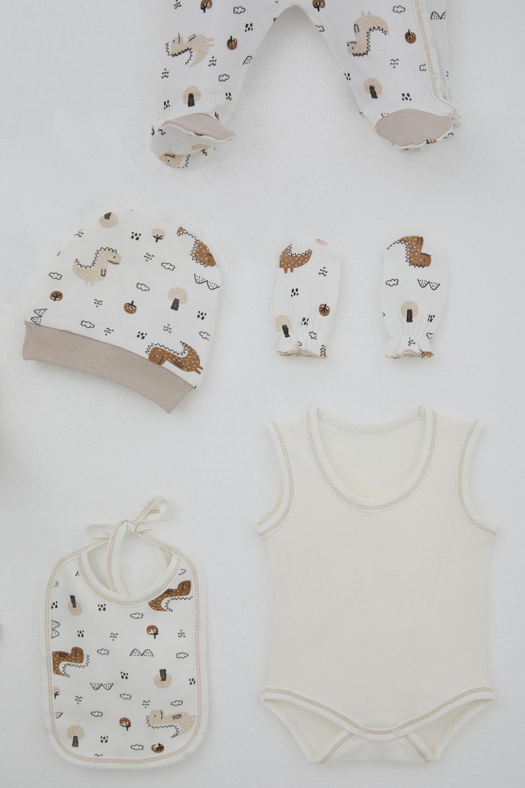 BRE Breeze Baby Boy Hospital Outfit 8-Piece Cute Little Dinosaur Patterned Nature-Themed 0-3 Months, Ecru - Carolina