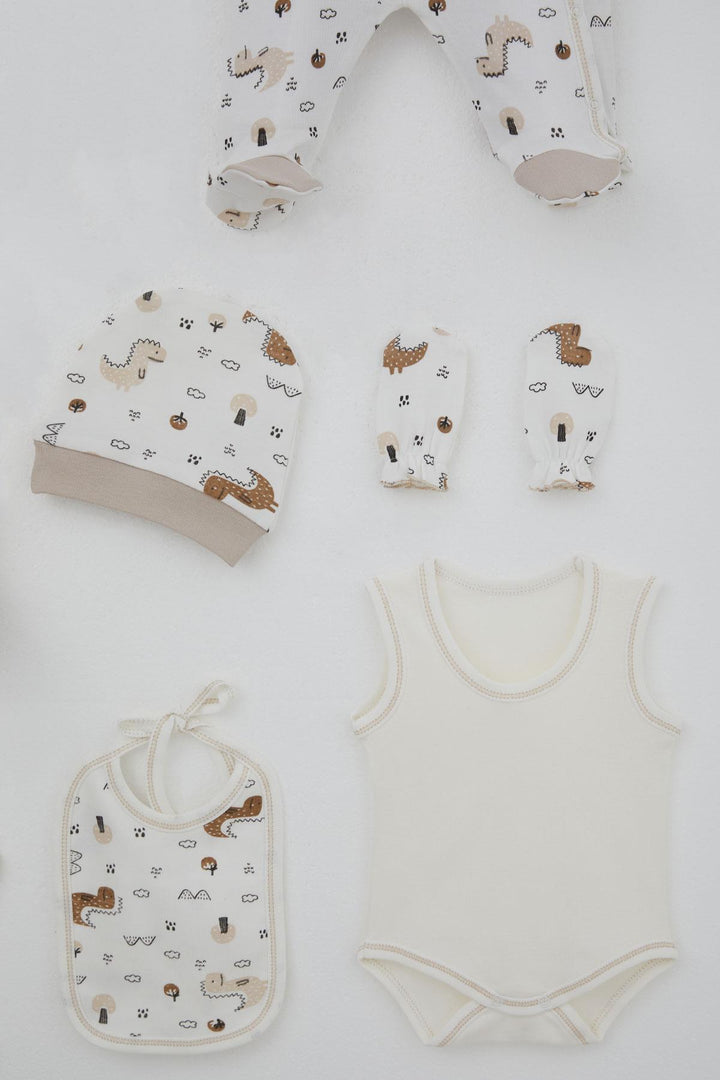 BRE Breeze Baby Boy Hospital Outfit 8-Piece Cute Little Dinosaur Patterned Nature-Themed 0-3 Months, Ecru - Carolina