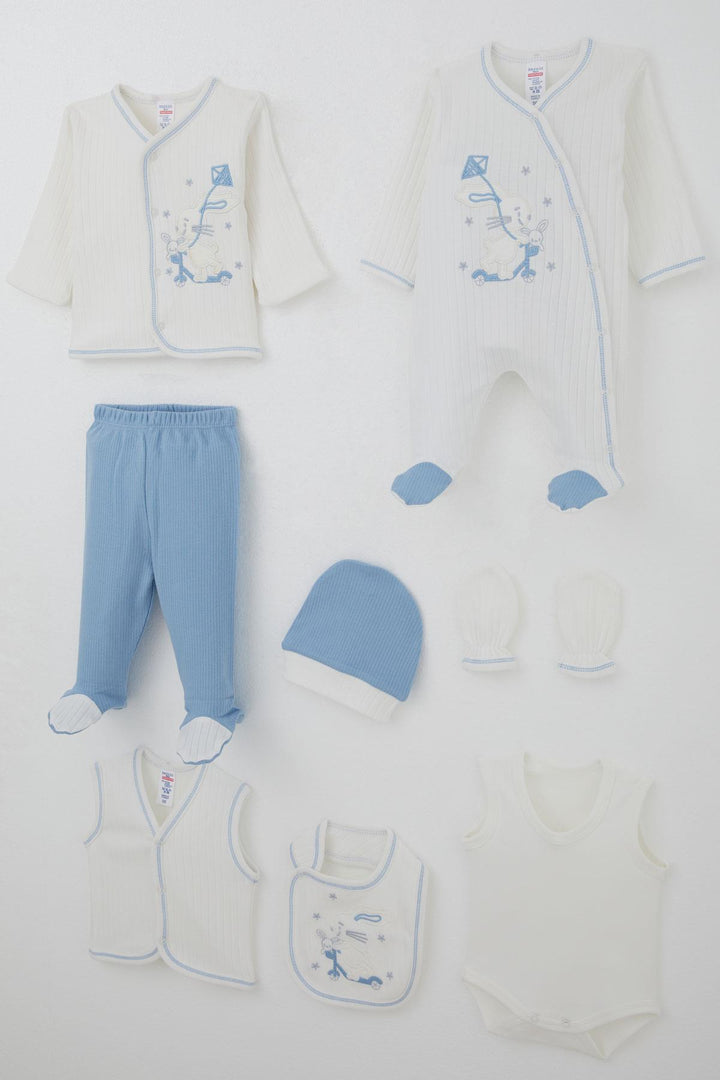 BRE Breeze Baby Boy Hospital Outfit 8 Piece Scooter King Kite Flying Bunny Embroidered 0-3 Months, White - Poway