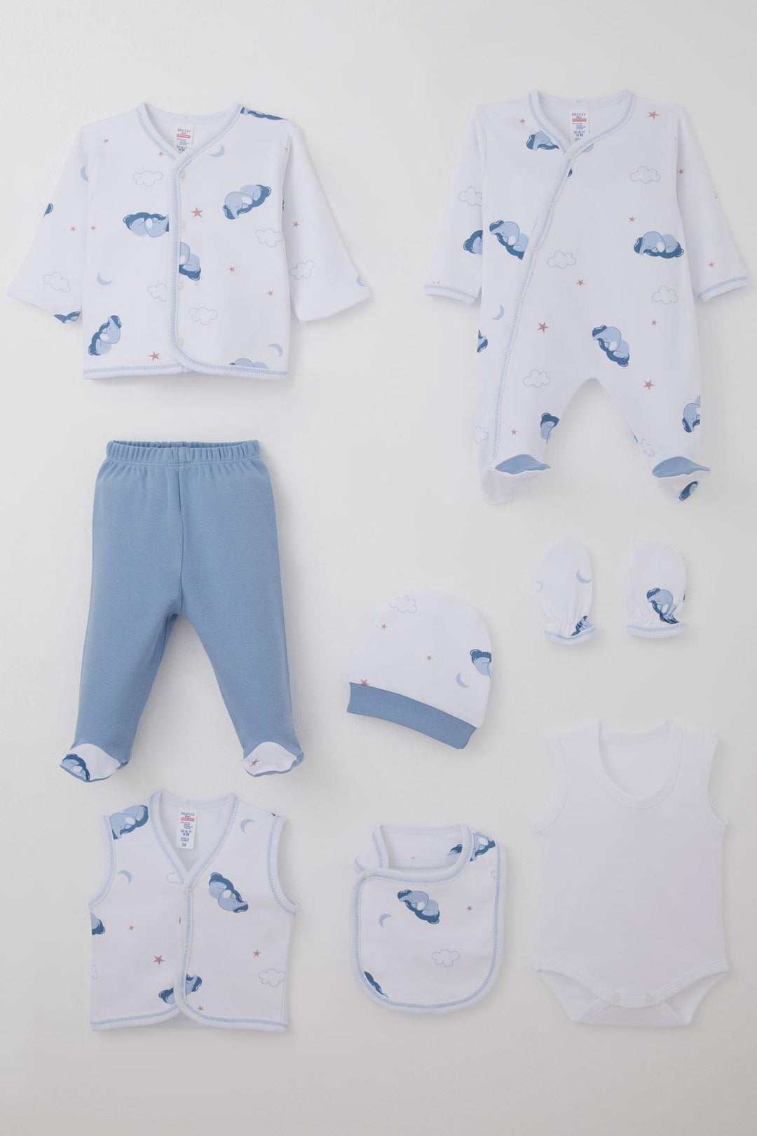 BRE Breeze Baby Boy Hospital Exit 8 Piece Sky Themed Cute Sleepy Elephant Patterned 0-3 Months, White - Recklinghausen