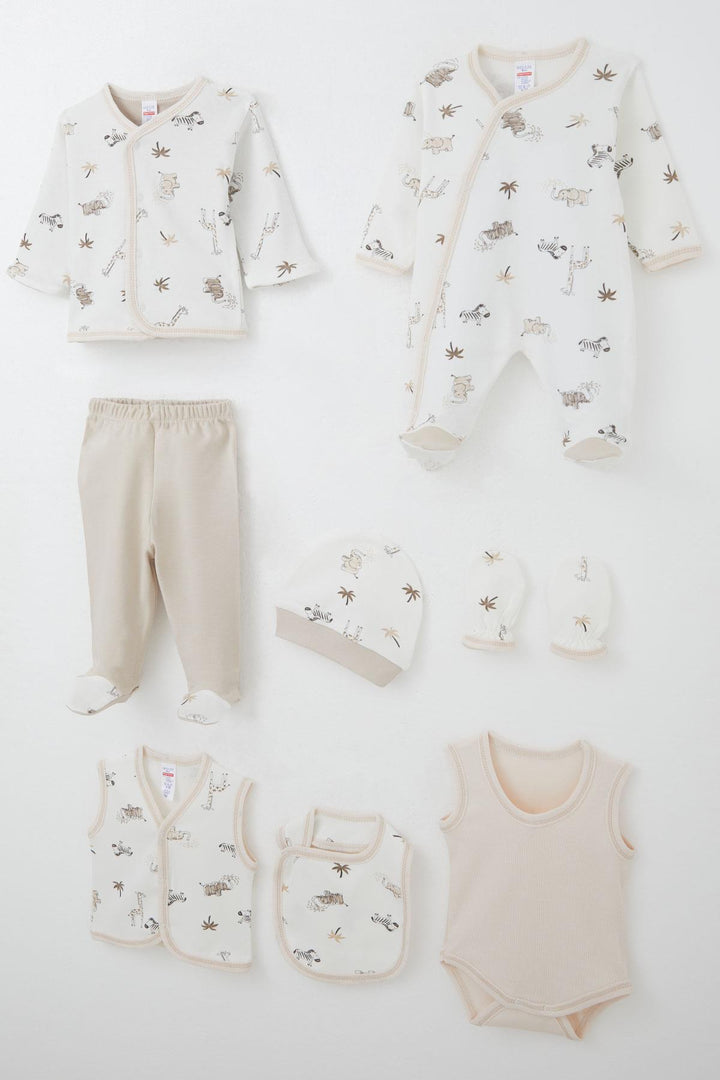 BRE Breeze Baby Boy Hospital Outfit 8 Pieces Palm Tree Patterned Cute Animals Design 0-3 Months, Ecru - Palm Coast