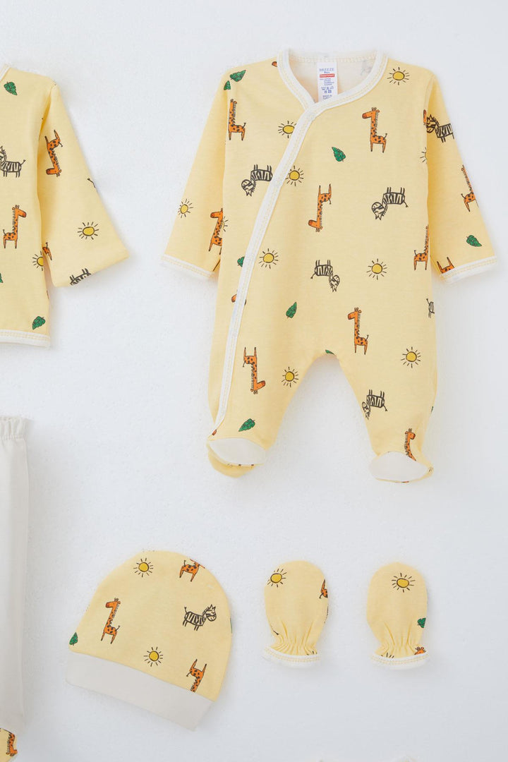 BRE Breeze Baby Boy Hospital Outfit 8 Piece Mini Safari Themed Animal Patterned 0-3 Months, Yellow - Wood Buffalo