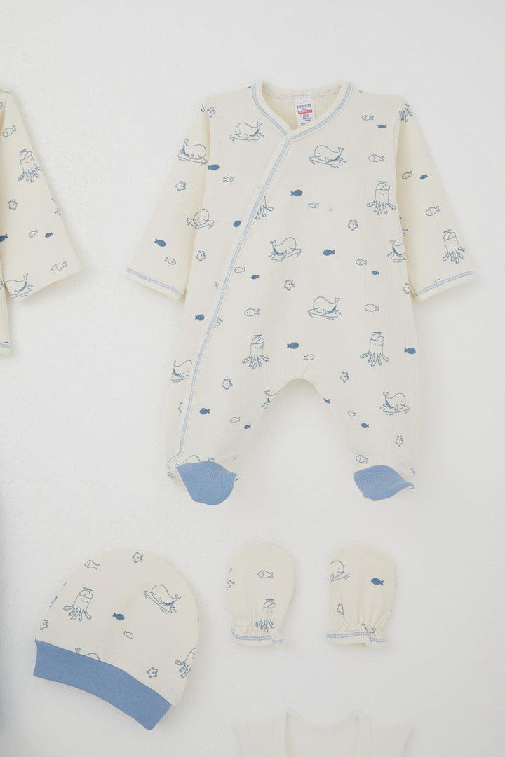 BRE Breeze Erkek Bebek Hastane Çıkışı 8 Li Sevimli Deniz Hayvanları Desenli 0-3 Ay, Krem - Mount Pleasant