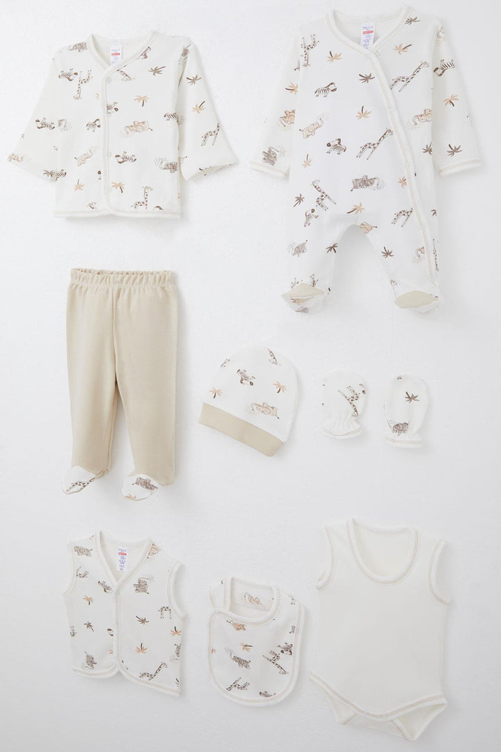 BRE Breeze Baby Boy Hospital Outfit 8 Pieces Palm Tree Patterned Cute Animals 0-3 Months, Ecru - Catonsville