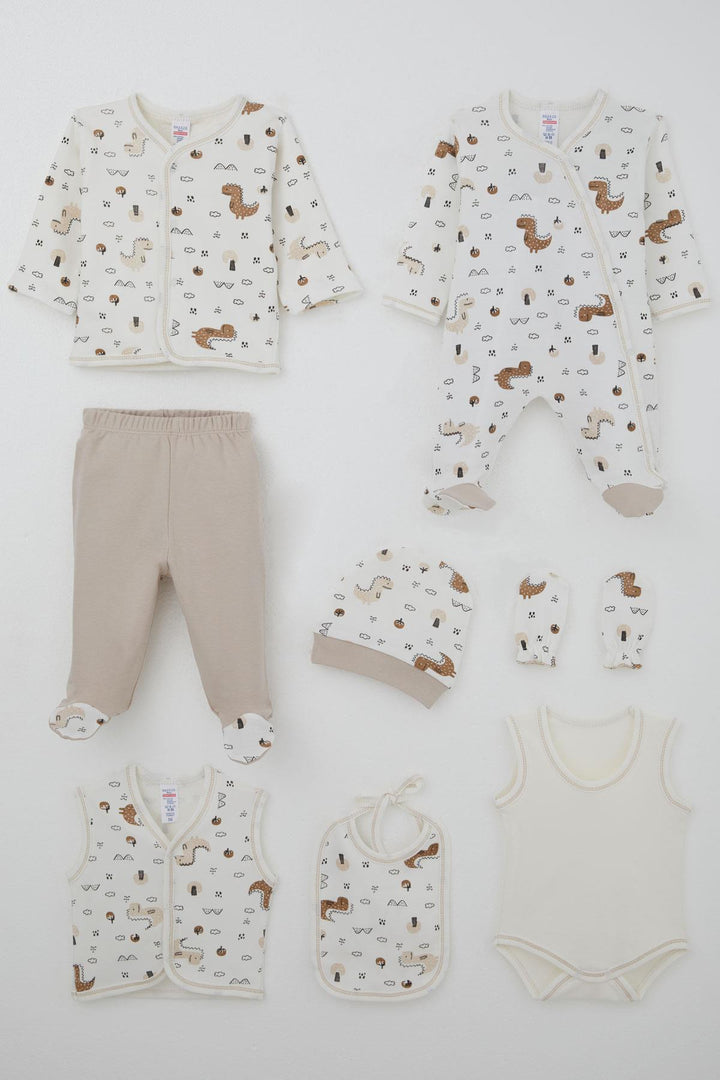 BRE Breeze Baby Boy Hospital Outfit 8-Piece Cute Little Dinosaur Patterned Nature-Themed 0-3 Months, Ecru - Carolina