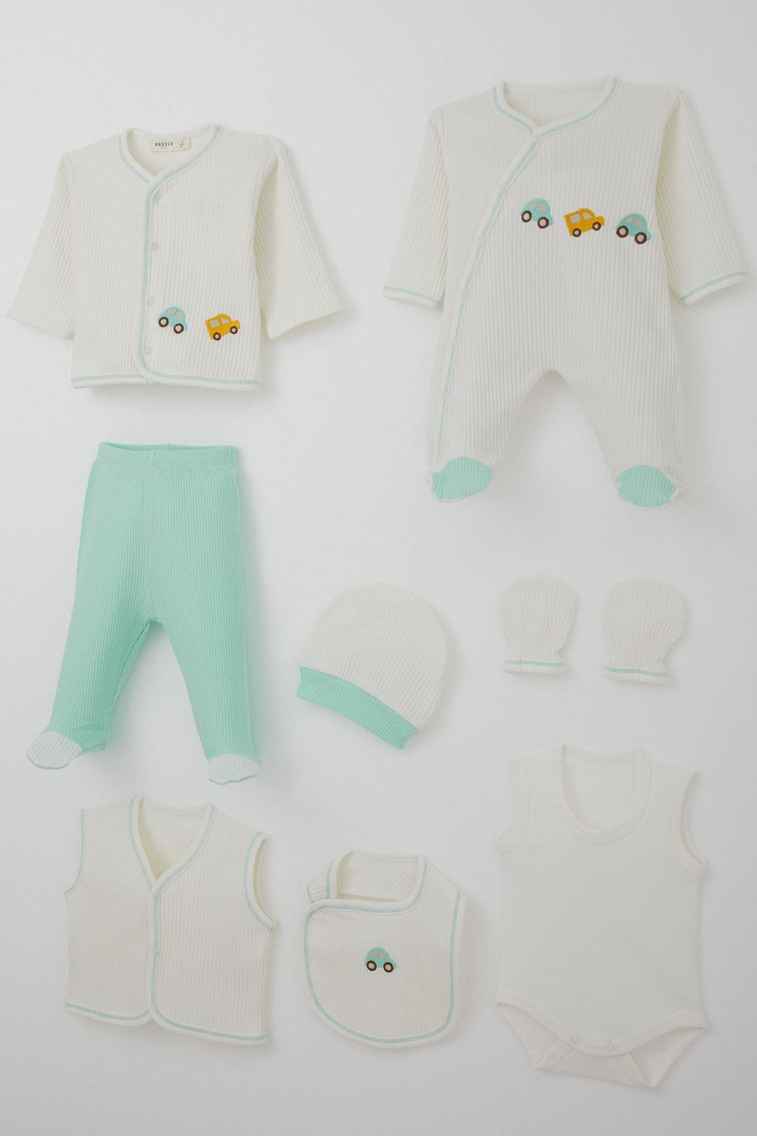 BRE Breeze Erkek Bebek Hastane Çıkışı 8 Li Renkli Araba Nakışlı 0-3 Ay, Ekru - Pomigliano d’Arco