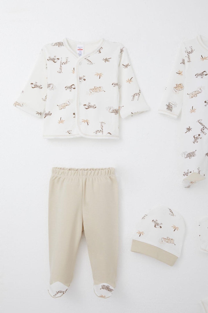 BRE Breeze Baby Boy Hospital Outfit 8 Pieces Palm Tree Patterned Cute Animals 0-3 Months, Ecru - Catonsville