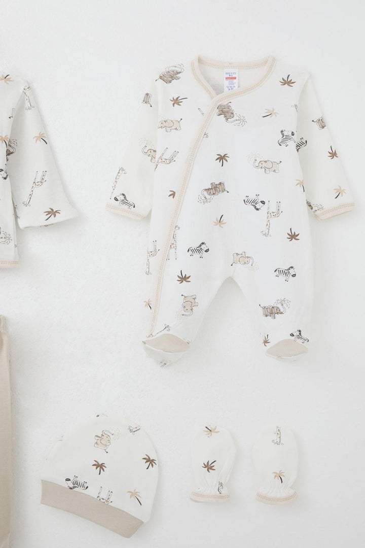 BRE Breeze Baby Boy Hospital Outfit 8 Pieces Palm Tree Patterned Cute Animals Design 0-3 Months, Ecru - Palm Coast