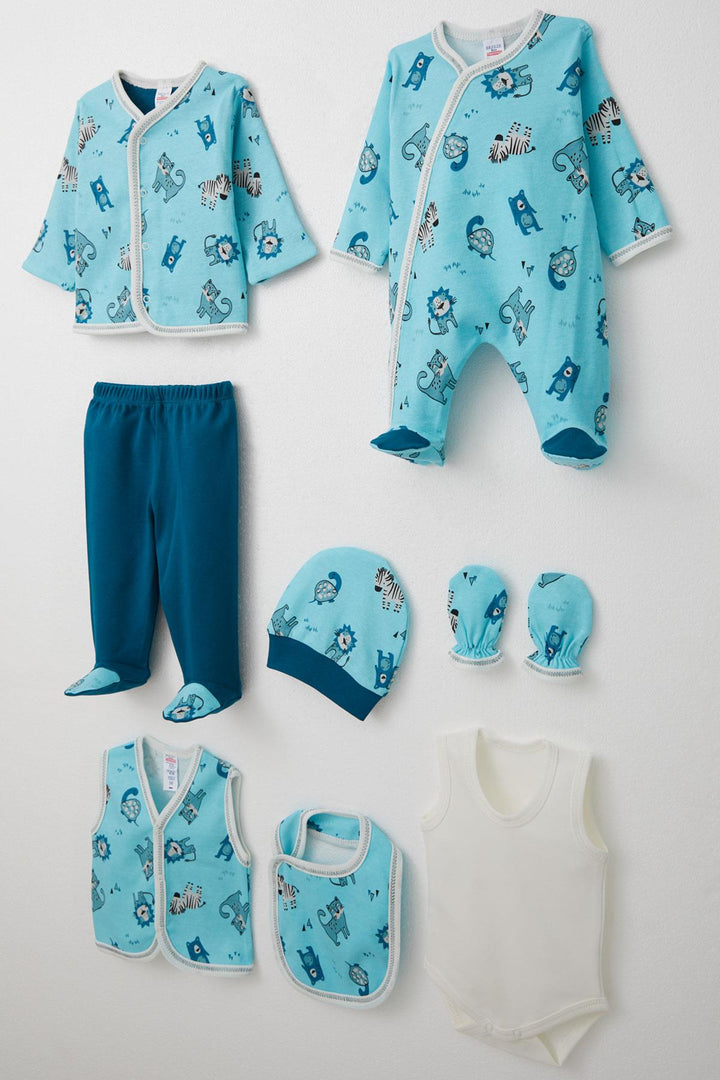 طقم ملابس مستشفى BRE Breeze Baby Boy 8 قطع حيوانات لطيفة منقوشة 0-3 أشهر، أزرق - كويرنافاكا