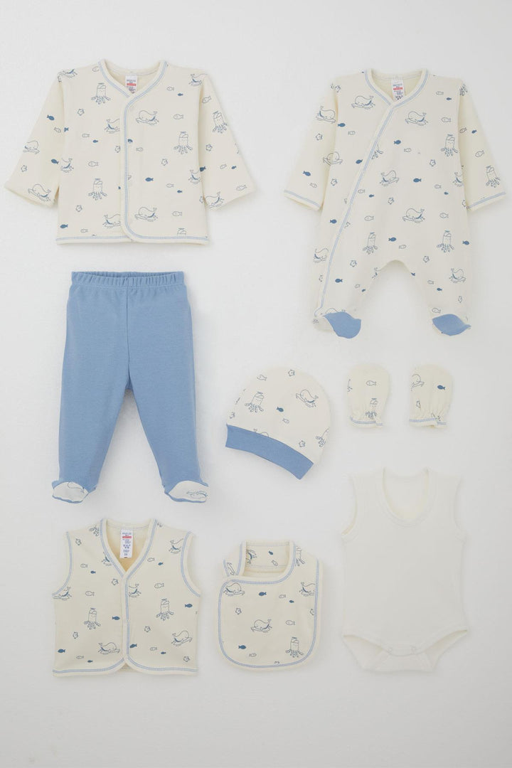 BRE Breeze Erkek Bebek Hastane Çıkışı 8 Li Sevimli Deniz Hayvanları Desenli 0-3 Ay, Krem - Mount Pleasant