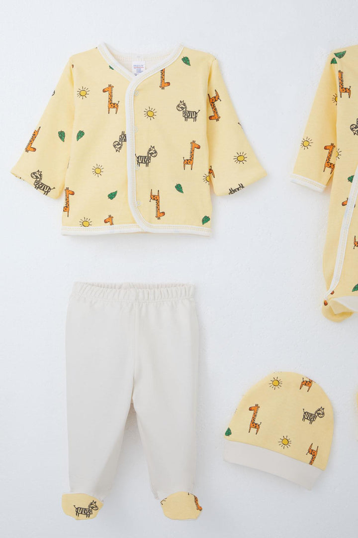 BRE Breeze Baby Boy Hospital Outfit 8 Piece Mini Safari Themed Animal Patterned 0-3 Months, Yellow - Wood Buffalo