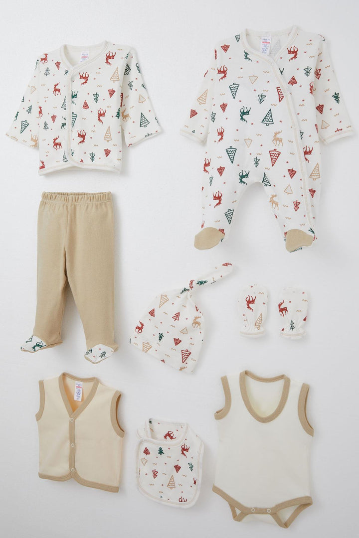BRE Breeze Baby Boy Hospital Outfit 8 Piece New Year Themed Deer Patterned 0-3 Months, Ecru - Irákleio