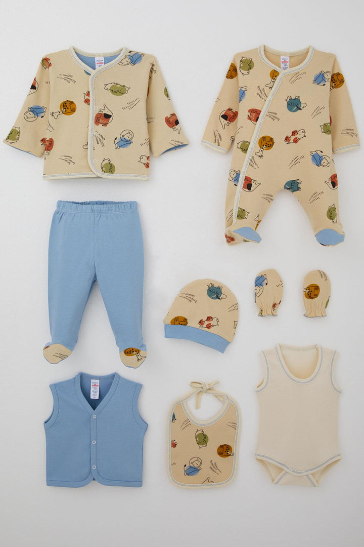 BRE Breeze Baby Boy Hospital Outfit 8 Cute Animals Patterned 0-3 Months, Beige - Tultepec