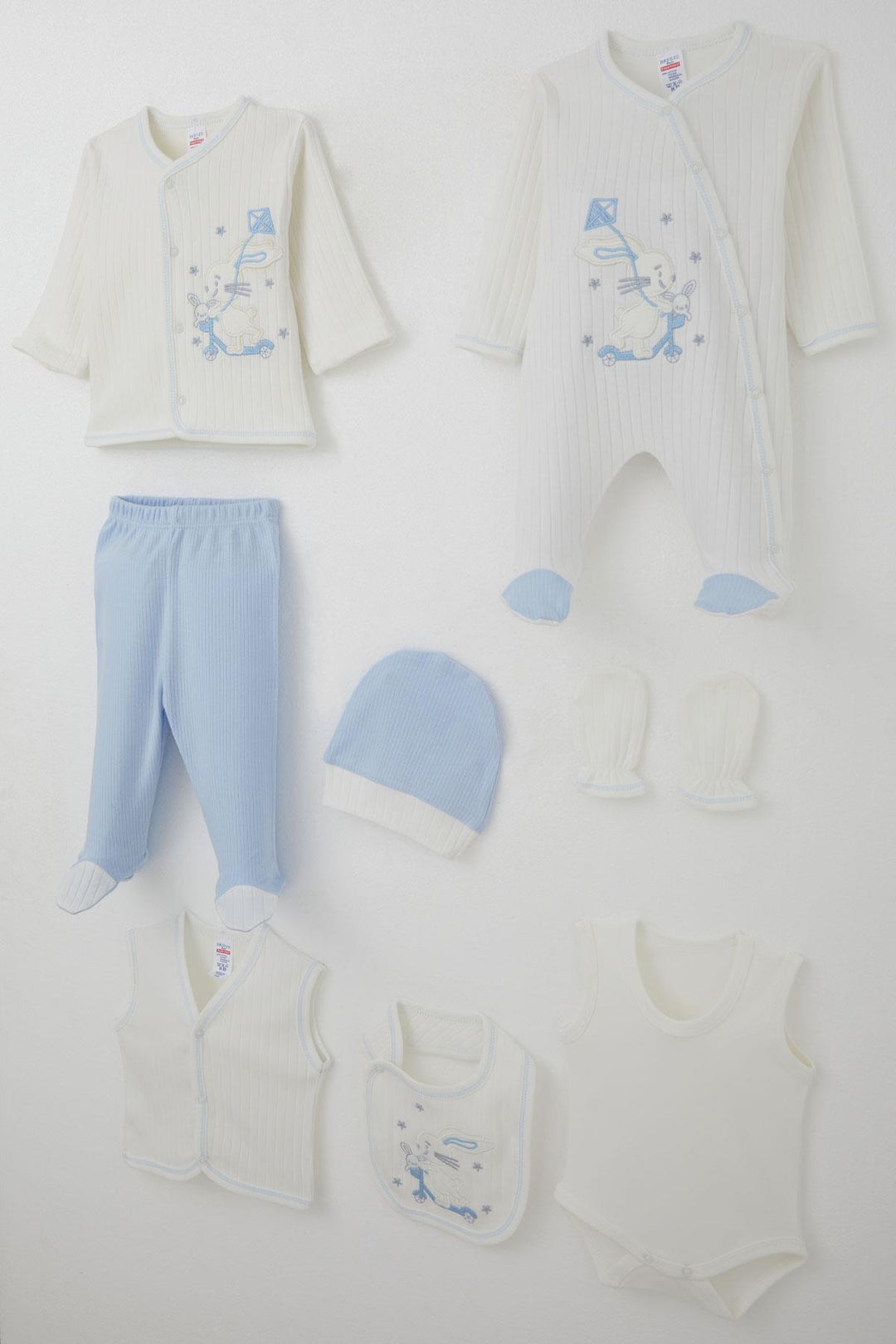 BRE Breeze Baby Boy Hospital Outfit 8 Piece Scooter King Kite Flying Bunny Embroidered 0-3 Months, White - Kozáni