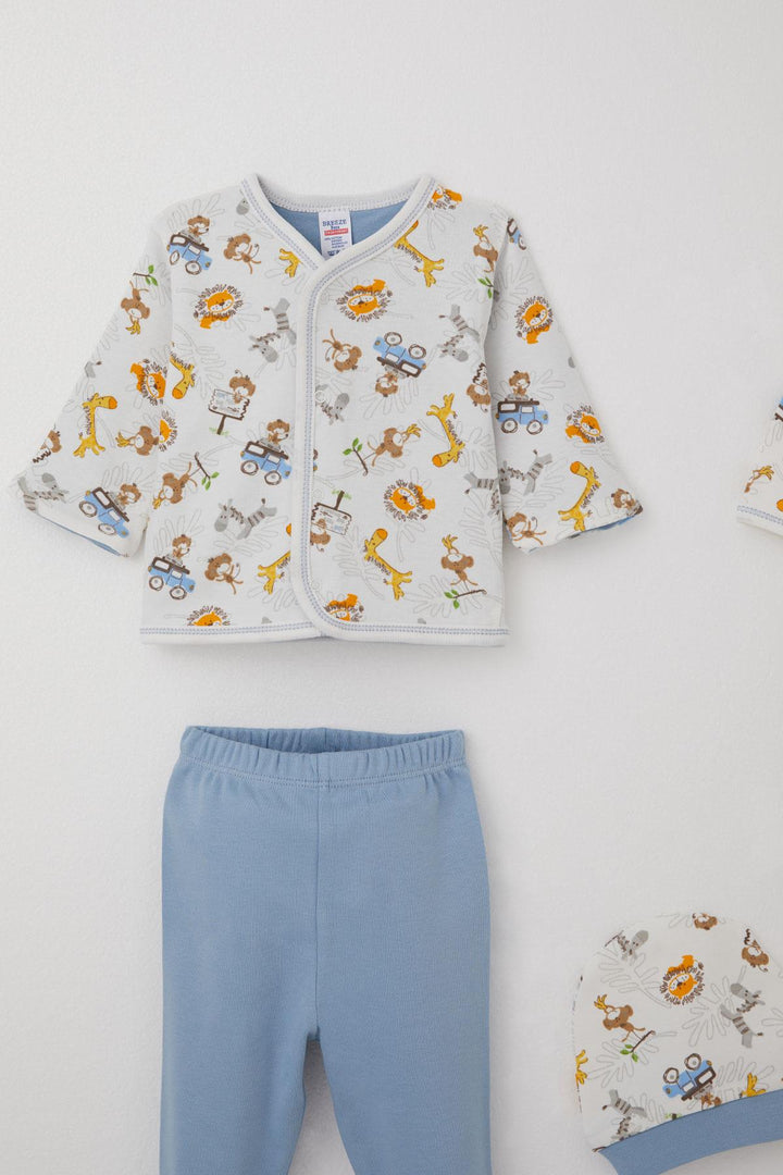 BRE Breeze Baby Boy Hospital Outfit 8 Piece Safari Adventure Cute Animals Patterned 0-3 Months, Ecru - San Diego
