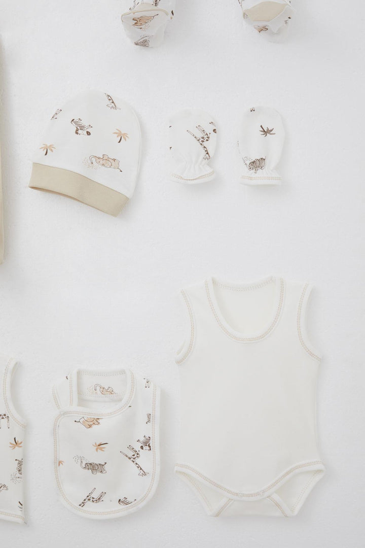 BRE Breeze Baby Boy Hospital Outfit 8 Pieces Palm Tree Patterned Cute Animals 0-3 Months, Ecru - Catonsville