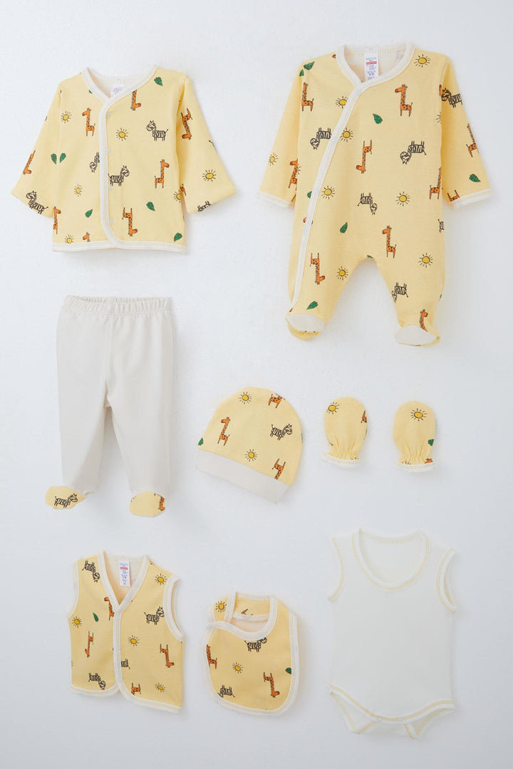 BRE Breeze Baby Boy Hospital Outfit 8 Piece Mini Safari Themed Animal Patterned 0-3 Months, Yellow - Wood Buffalo