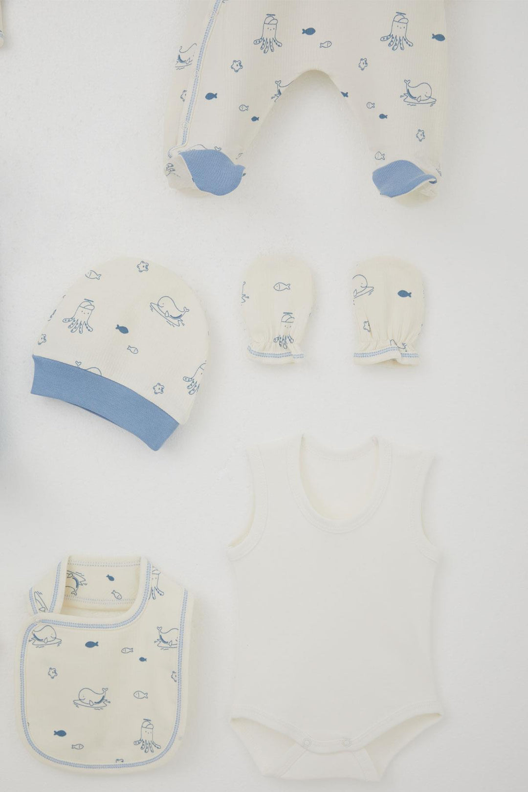 BRE Breeze Erkek Bebek Hastane Çıkışı 8 Li Sevimli Deniz Hayvanları Desenli 0-3 Ay, Krem - Mount Pleasant