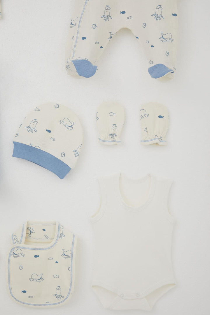 BRE Breeze Erkek Bebek Hastane Çıkışı 8 Li Sevimli Deniz Hayvanları Desenli 0-3 Ay, Krem - Mount Pleasant