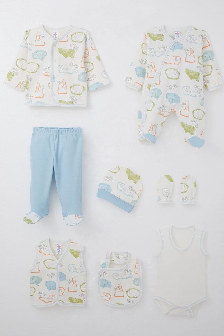 BRE Breeze Baby Boy Hospital Outfit 8 Piece Safari Themed Cute Animals Patterned 0-3 Months, Ecru - El Paso de Robles