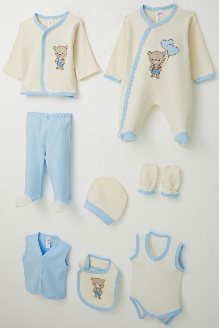 طقم ملابس مستشفى BRE Breeze Baby Boy 8 قطع مع تطريز دب لطيف 0-3 أشهر، كريمي - بوردينوني