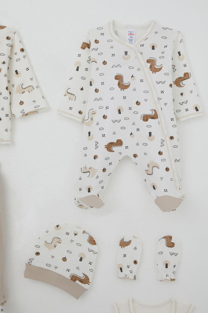 BRE Breeze Baby Boy Hospital Outfit 8-Piece Cute Little Dinosaur Patterned Nature-Themed 0-3 Months, Ecru - Carolina