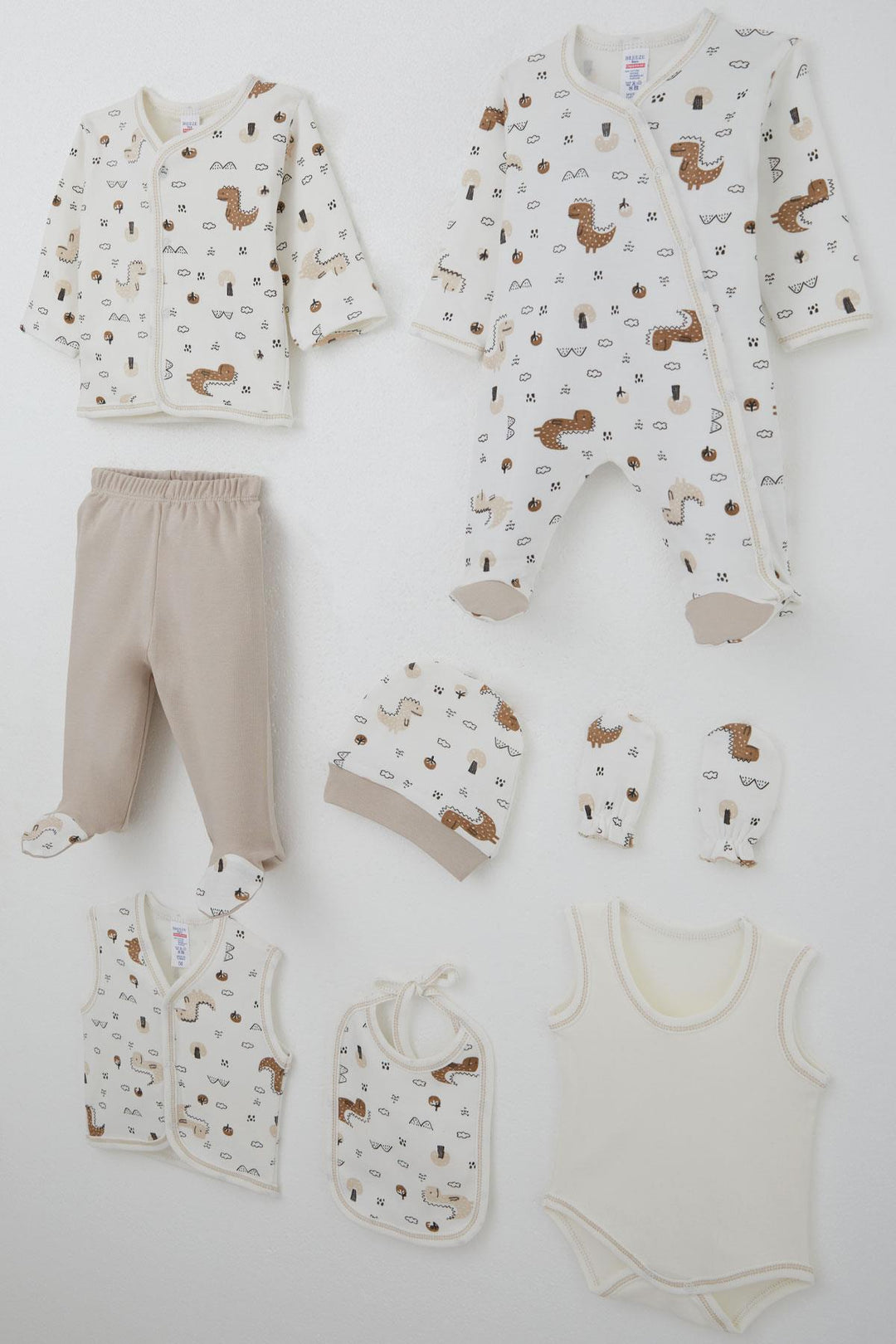 BRE Breeze Baby Boy Hospital Outfit 8-Piece Cute Little Dinosaur Patterned Nature-Themed 0-3 Months, Ecru - Carolina