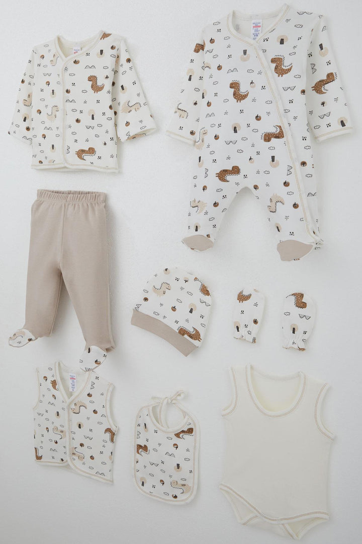 BRE Breeze Baby Boy Hospital Outfit 8-Piece Cute Little Dinosaur Patterned Nature-Themed 0-3 Months, Ecru - Carolina