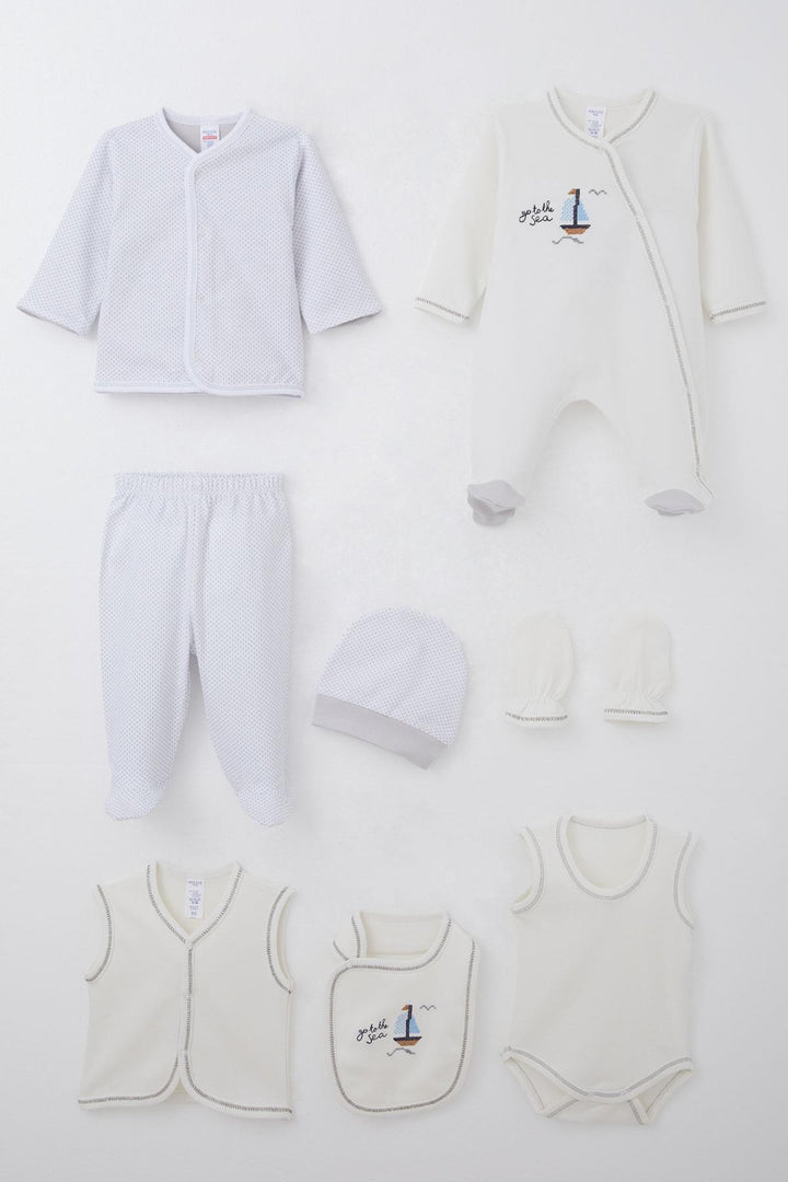 BRE Breeze Baby Boy Hospital Outfit 8 Piece Sailboat Cross-Stitch Embroidered 0-3 Months, Ecru - Thornton Heath