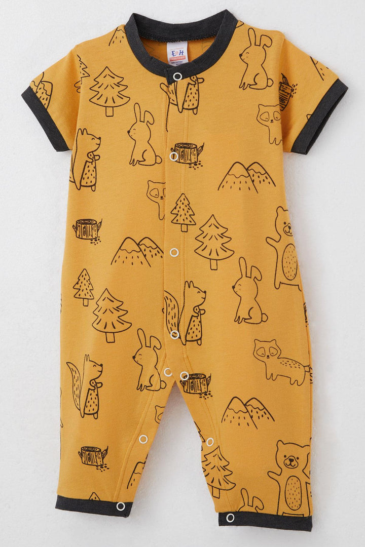 BRE Breeze Baby Boy Short Sleeve Romper Forest Themed Animal Patterned 0-6 Months, Mustard Yellow - Ágioi Anárgyroi