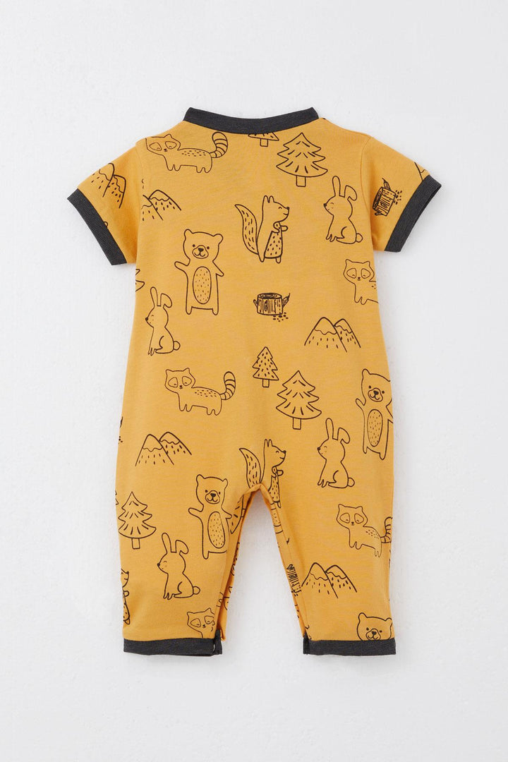 BRE Breeze Baby Boy Short Sleeve Romper Forest Themed Animal Patterned 0-6 Months, Mustard Yellow - Ágioi Anárgyroi