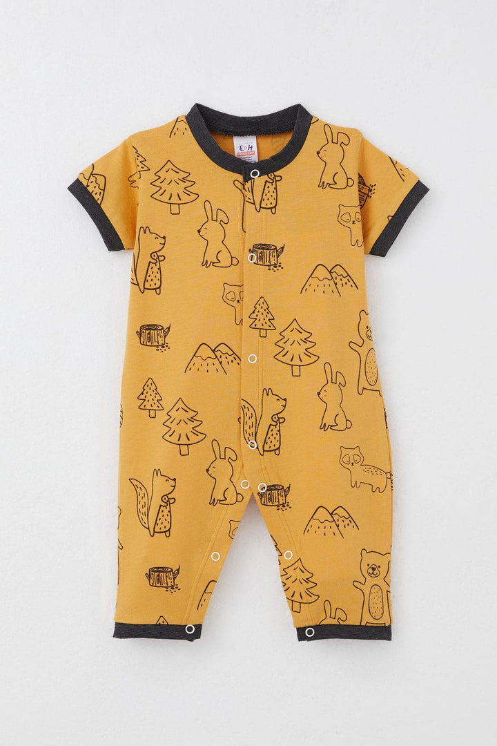 BRE Breeze Baby Boy Short Sleeve Romper Forest Themed Animal Patterned 0-6 Months, Mustard Yellow - Ágioi Anárgyroi