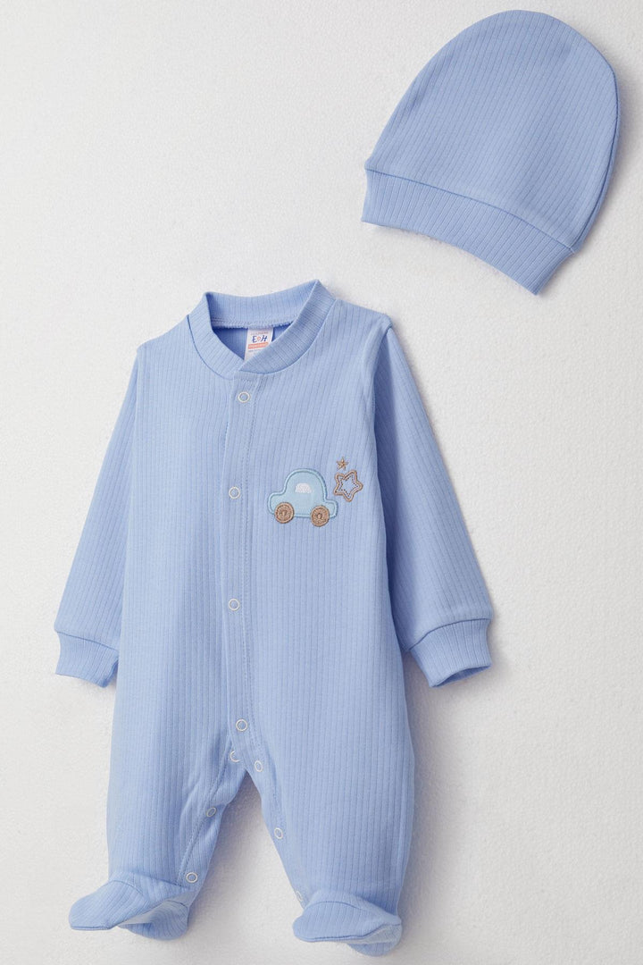 BRE Breeze Baby Boy Footed Romper with Car Embroidery 0-6 Months, Light Blue - Floreşti