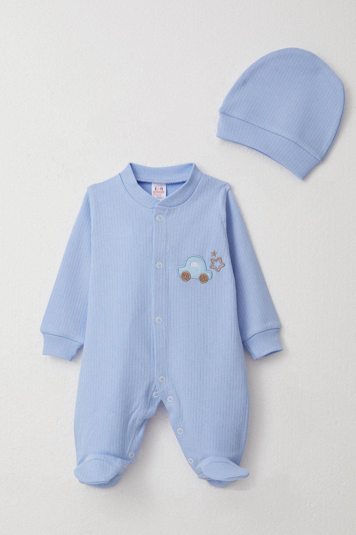 BRE Breeze Baby Boy Footed Romper with Car Embroidery 0-6 Months, Light Blue - Floreşti