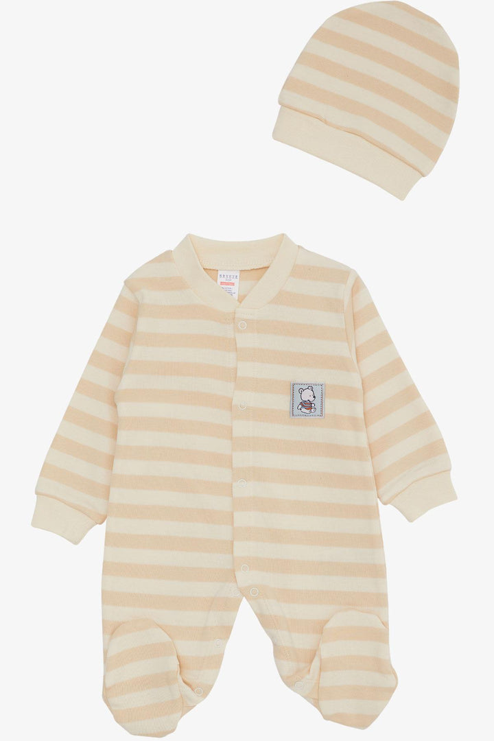 BRE Breeze Baby Boy Striped Jumpsuit with Socks Bear Logo 0-6 Months, Cream - Smyrna