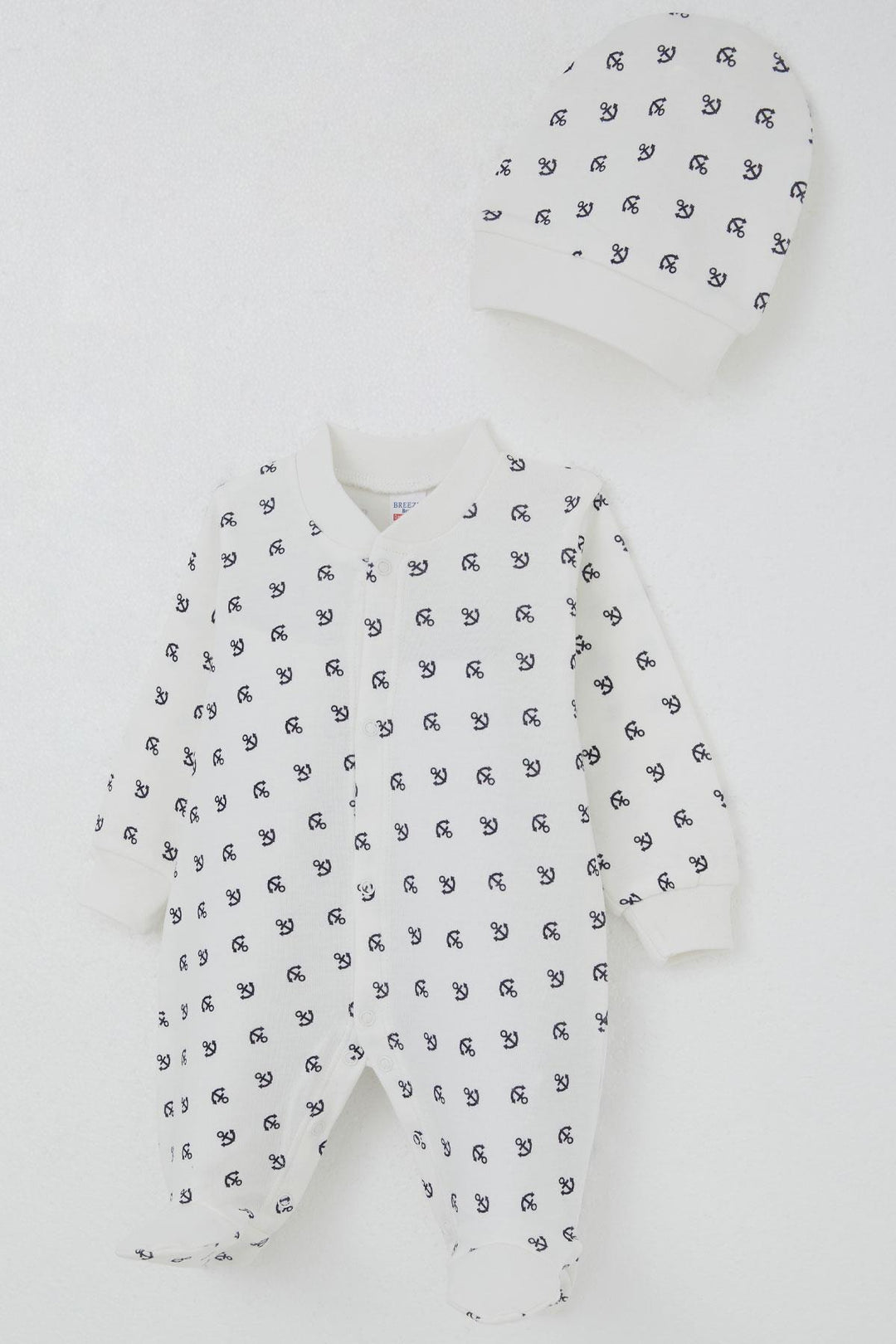 BRE Breeze Baby Boy Footed Romper with Anchor Pattern Sea Themed 0-6 Months, Ecru - Pioltello